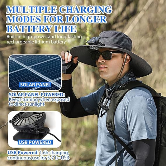 🔥🔥Wide Brim Solar Fan Outdoor Fishing Hat-Solar & USB Charging